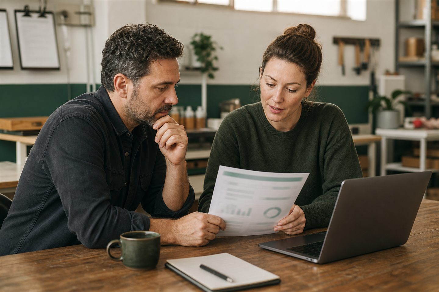 A business owner and their advisor sitting together at a workbench table, reading through a monthly report and talking it over.